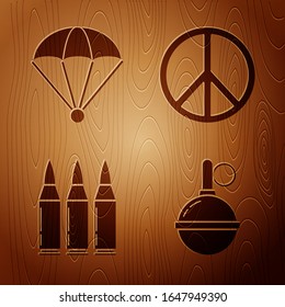 Set Hand grenade , Parachute , Bullet  and Peace  on wooden background. Vector