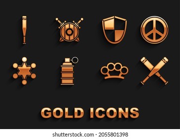 Granada de mano, Paz, Bate de béisbol cruzado, nudillos de bronce, insignia policial, escudo, béisbol y escudo de madera con icono de espadas cruzadas. Vector