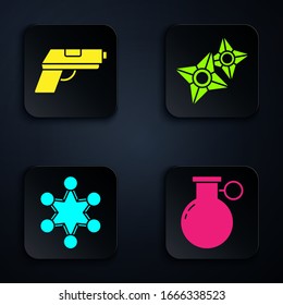 Fijar granada de mano, Pistol o pistola, insignia policial y ninja shuriken japonés. Botón cuadrado negro. Vector
