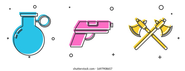 Fije la granada de mano, Pistol o pistola y el icono de hachas medievales cruzadas. Vector