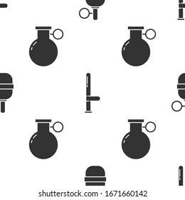 Set Hand grenade, Police rubber baton and Hand grenade on seamless pattern. Vector
