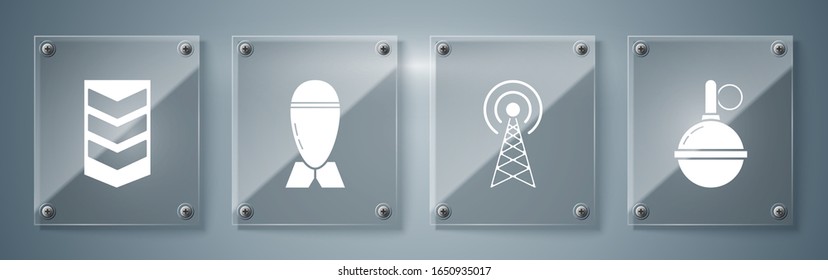 Set Hand grenade , Radar , Aviation bomb  and Military rank . Square glass panels. Vector