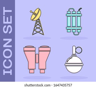 Set Hand grenade , Radar , Binoculars  and Detonate dynamite bomb stick icon. Vector
