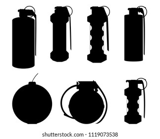 Set of hand grenade silhouettes for design and graphical layouts
