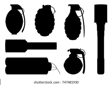 Set of hand grenade silhouettes fro design and graphical layouts