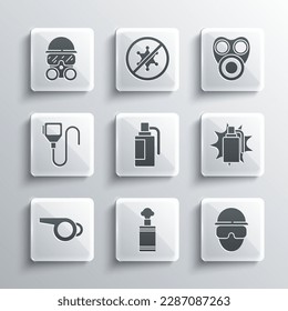 Set Hand grenade, Special forces soldier, Whistle, Walkie talkie, Gas mask and  icon. Vector