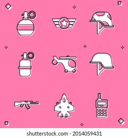 Set Hand grenade, Star American military, Military helmet, Helicopter, Submachine gun and Jet fighter icon. Vector