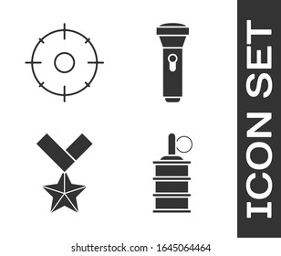 Set Hand grenade , Target sport for shooting competition , Military reward medal  and Flashlight  icon. Vector