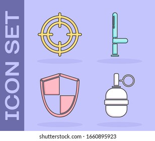 Set Hand grenade, Target sport, Shield and Police rubber baton icon. Vector