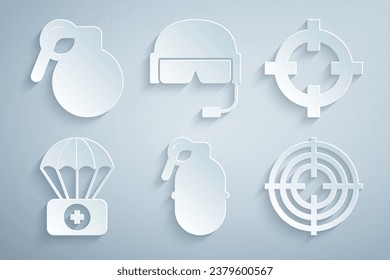 Fijar granada de mano, Deporte Target, Paracaídas con kit de primeros auxilios, casco militar e ícono. Vector
