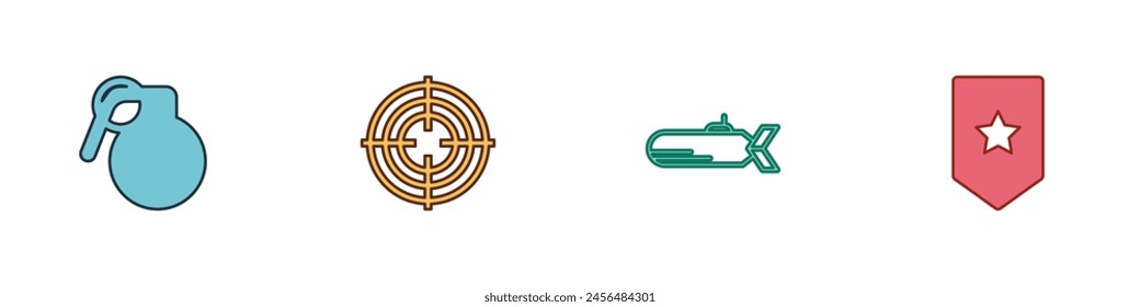 Conjunto de granada de mano, deporte objetivo, submarino y Chevron icono. Vector