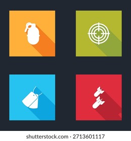 Set Hand grenade, Target sport, Military dog tags and Aviation bomb icon. Vector