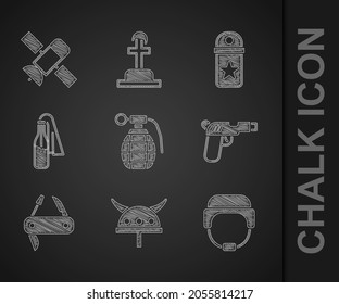 Set Hand grenade, Viking in horned helmet, Military, Pistol gun, Swiss army knife, Cocktail molotov, Chevron and Satellite icon. Vector