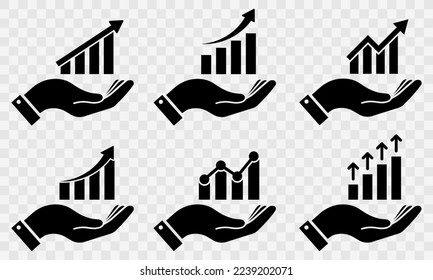 Set of hand with growth graph vector icons. Hand and business chart. Financial rise up. Increase profit.