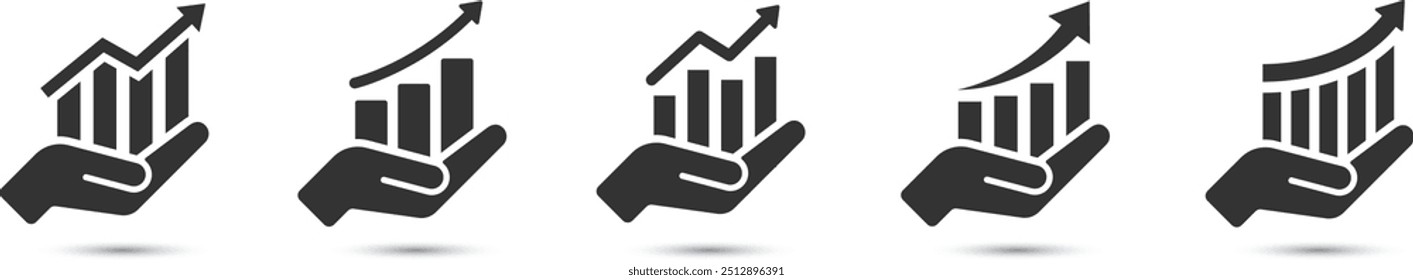 Conjunto de mãos com ícones do vetor do gráfico de crescimento. Ícone de gráfico de mão e de negócios. Aumento financeiro. Aumente o lucro. Gráfico de crescimento do financiamento de análise e investimento de mercado. Ilustração do vetor Caminho para Êxito. 