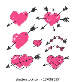 Set of hand hearts with arrows on a white background. Broken arrow. Valentine's day, wedding decor. Vector illustration.