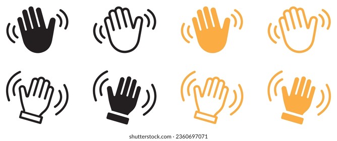 Set of hand hello icons. Hand waving, hand gesture, hello, hi, bye, wave hello, goodbye, greeting symbol. Vector.