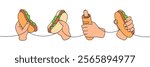 Set of hand hold hotdog one line colored continuous drawing. American street fast food. Vector linear illustration.