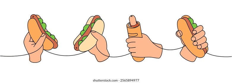 Set of hand hold hotdog one line colored continuous drawing. American street fast food. Vector linear illustration.