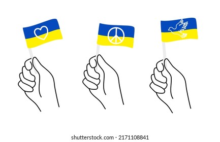 Set of hand hold Ukraine flag with peace symbol, dove and heart illustration single line in flat style isolated on white background for banner, postcard, poster etc.