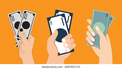 Set of Hand Holding 100 and 200 Dollar Bills. Financial Exchange and Payment Concept.