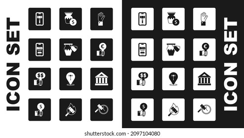 Set Hand holding auction, Auction ancient vase, Online, paddle, Museum building and  icon. Vector