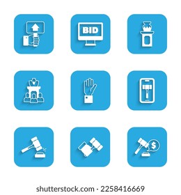 Set Hand holding auction, Auction hammer, price, Online, jewelry sale, ancient vase and paddle icon. Vector