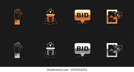 Set Hand holding auction, Auction jewelry sale, Bid and painting icon. Vector