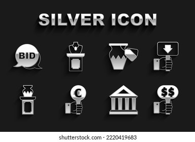 Set Hand holding auction paddle, Museum building, Auction ancient vase, Bid and jewelry sale icon. Vector