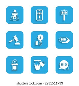 Set Hand holding auction paddle, Auction ancient vase, Bid, jewelry sale, hammer,  and auctioneer sells icon. Vector