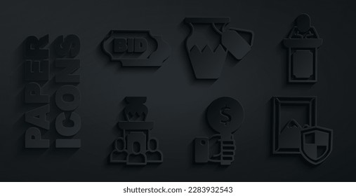 Set Hand holding auction paddle, Auction auctioneer sells, ancient vase, painting,  and Bid icon. Vector