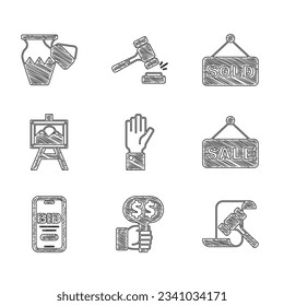Set Hand holding auction, paddle, Auction hammer, Price tag with Sale, Online, painting, sold and ancient vase icon. Vector