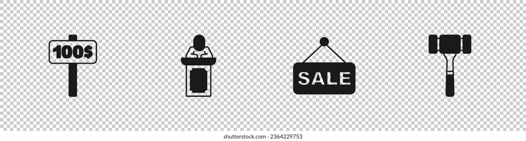Set Hand holding auction paddle, Auction auctioneer sells, Price tag with Sale and hammer icon. Vector