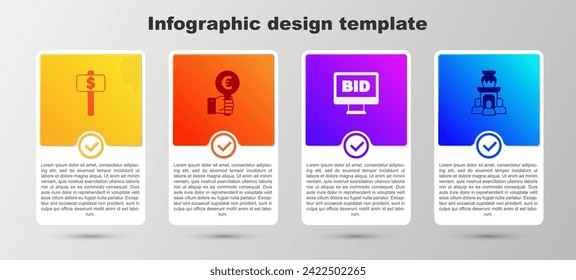 Set Hand holding auction paddle, Online and Auction ancient vase. Business infographic template. Vector