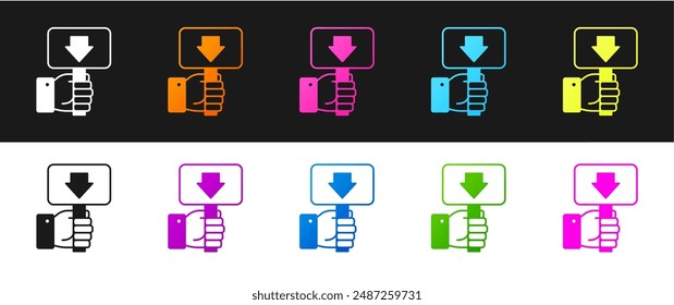 Set Hand holding auction paddle icon isolated on black and white background. Bidding concept. Auction competition. Hands rising signs with BID inscriptions.  Vector