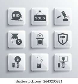 Set Hand holding auction, paddle, Auction hammer, jewelry sale, ancient vase, Bid and  icon. Vector