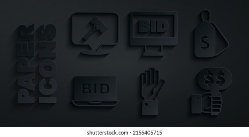 Set Hand holding auction, Price tag with Sale, Online, paddle,  and Auction hammer icon. Vector