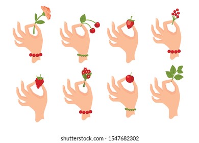 Set of hand holding berries or leaves flat vector illustration isolated on white background