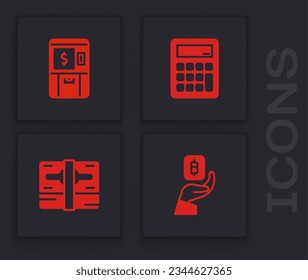 Set Hand holding Bitcoin, ATM money, Calculator and Stacks paper cash icon. Vector