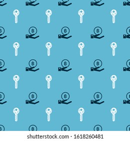 Set Hand holding Bitcoin and Cryptocurrency key on seamless pattern. Vector