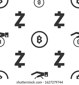 Set Hand holding Bitcoin, Cryptocurrency coin Bitcoin and Cryptocurrency coin Zcash ZEC on seamless pattern. Vector