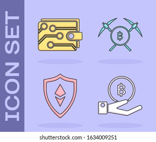 Set Hand holding Bitcoin, Cryptocurrency wallet, Shield Ethereum ETH and Crossed pickaxe icon. Vector