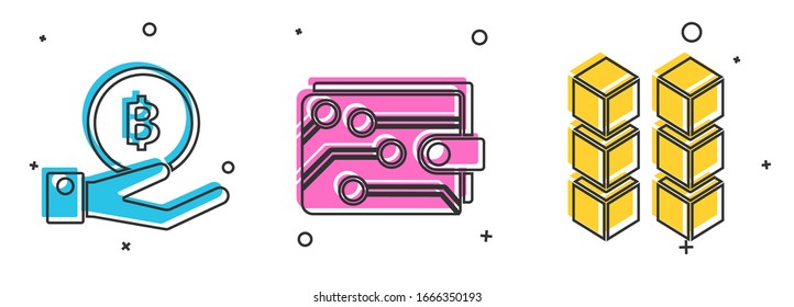 Set Hand holding Bitcoin, Cryptocurrency wallet and Blockchain technology icon. Vector