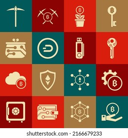 Set Hand holding Bitcoin, Cryptocurrency, key, plant the pot, Dash, wallet, Pickaxe and USB flash drive icon. Vector