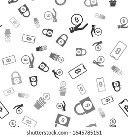 Set Hand con Bitcoin, Bloquear con bitcoin, Teléfono móvil y criptomoneda de la planta Bitcoin y Bitcoin en el bote en un patrón ininterrumpido. Vector