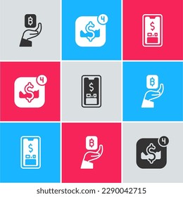 Set Hand holding Bitcoin, Mobile stock trading y con un icono en dólares. Vector