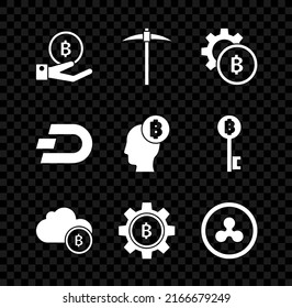 Set Hand holding Bitcoin, Pickaxe, Cryptocurrency, cloud mining, Ripple XRP, Dash and think icon. Vector