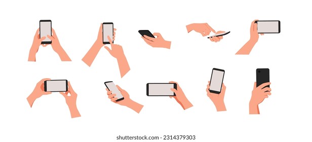 Set of hand holding the black smartphone with blank screen