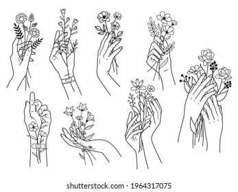 Set of hand holding bouquets. Collection of female hands with a flower arrangement. Wedding bouquets. Design for clothes. Vector illustration isolated on white background.