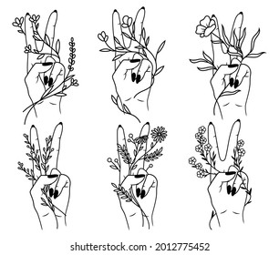 Set of hand holding bouquets. Collection of female peace sign hands with flowers. Wedding bouquets. Design for clothes. Vector illustration isolated on white background.